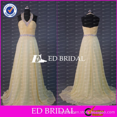 CE601 Sexy Open Back Halter Beaded Yellow Chiffon Guest Of Wedding Dress